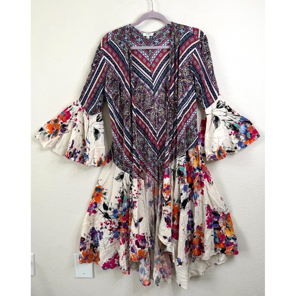 Umgee Boho Open Front Kimono Topper Sz M Floral Mixed Print Bell Sleeve Cover Up